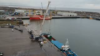 Liebherr LTM1800d from Baldwins Crane Hire discharging Cable Reels at PD Ports Hartlepool.