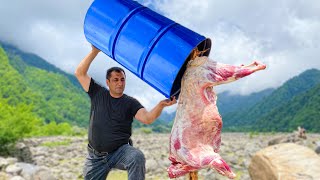 Chef Tavakkul Cooks a Whole Lamb Under the Barrel! Unique Recipe for Cooking Meat in the Wilderness