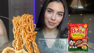 Asmr|| Spicy rice cake tteokbokki ramen with kimchi buldak dumplings🥟🍜 (crunchy eating sounds)