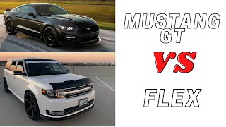 AWD Twin Turbo Ford Flex VS Mustang GT 5.0L Street Race