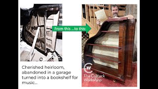 Semi grand Piano flipped to Bookshelves - cherished heirloom from Harrods reimagined