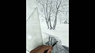 How To Draw Winter Snow Covered Landscape Scenery With Small River