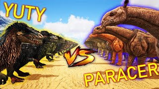 100 YUTYRANNUS VS 100 PARACERTHERIUM Ark Battles Thyrulous