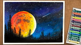 Moonlight scenery drawing with oil pastel | Step by step for beginners