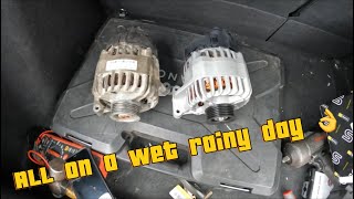 Fiat Punto alternator replacement due to failure! |Outside on the wet cold floor |