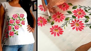 Flower Panting Design on Top | Kurtis /Free Hand Fabric Painting Design | Simple & Easy Techniques