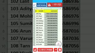 Aadhar Excel Formula  #short #excel #exceltips #shorts #exceltutorial #msexcel #microsoftexcel