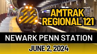 Amtrak Northeast Regional 121 at Newark Penn Station - Metroliner Cab Car 9633 - June 2, 2024