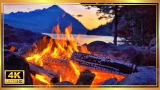 4K Mountain Campfire Sunset Ambience: Soothing White Noise by the Lake with Crackling Fire Sounds