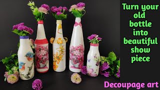 Basic Decoupage| Bottle Art| Indian Artist |decoupage on a Glass bottle| Up cycle |Bottle Art