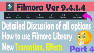 #Filmora9 |How to use Media, Audio, Text, Element, Transitions, Effect, split screen options