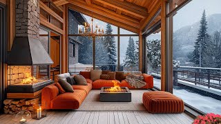 Serene Winter Jazz Balcony Ambience - Smooth Jazz, Snowy Forest Views & Fireplace Sounds for Cozy ❄️