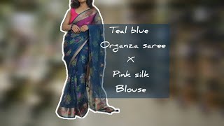 Teal blue printed organza saree with Pink silk sleeveless blouse | How to drape a saree? #sareehaul