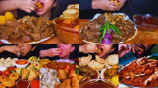 ASMR EATING SPICY MUTTON LIVER CURRY, QUAIL EGG CURRY, CHICKEN LEG CURRY, CRAB CURRY, MOMO, SAMOSA🤤🔥