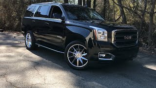 GMC YUKON SITTING ON 22” AZARA-506 GLOSS BLACK MACHINED WHEELS WRAPPED AROUND 305/40-22 LEXANI TIRES