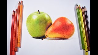 Drawing a green apple and pear -- Faber castell polychromos