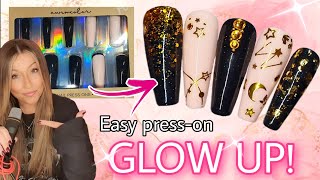 💅 Easy press on nails DIY glow up! Makartt September Nail Lab | Black Gold Stars nail art design