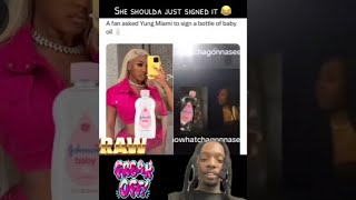 Yung Miami says no to a fan who try to get her to autograph his baby oil bottle 🤣