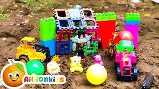 Rescue Police Car from the Hand in Cave with Construction Vehicles Fire Truck | Aillion kids TOYS