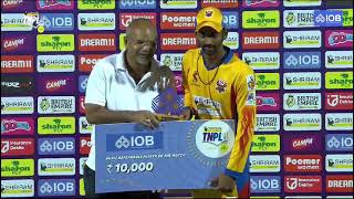 IOB Presenting the Most Dependable Player of the Match Award post the DL vs SS match of TNPL 2024