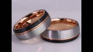 Tungsten Carbide Rings,Domed Top Three Tone Black,Rose Gold and Silver Gray Tone Stripe Wedding Band