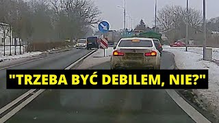 Wyprzedzanie busem pod prąd, z lewej strony wysepki!