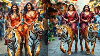 Two beautiful women are riding along the road on the backs of two tigers