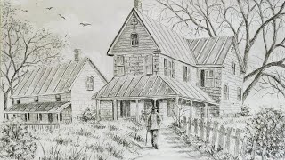 Old Church Drawing In A Beautiful Landscape Scenery : A Easy Pencil Art