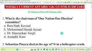 WEEKLY CURRENT AFFAIRS/GK/GS FOR JUDICIARY || 12-02-2024 to 18-02-2024 || LAW EXPLORER