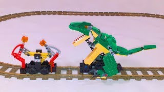 Dinosaur T-Rex chasing 2 men on draisine - handcar