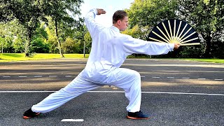 backview: Chen Taiji 48 Shan 陈氏48式太极扇 Tai Chi Fan Form - He Yong Gan Martial Arts