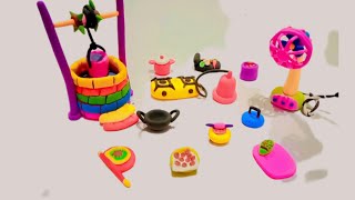 DIY how to make clay miniature water well, kitchen set, fan @Dolliyon