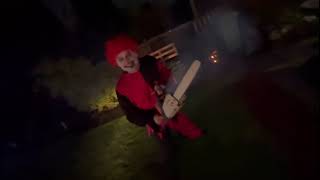 Crazy mad clown running around with a screaming chainsaw Halloween Stihl MS 170 Cylinder Chainsaw