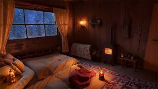 Cozy Bedroom Ambience in a Small Cabin  Fireplace and Snowstorm