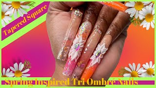 2023 Spring Glow: Tri Ombré Glitter Nails with Bling & Flowers - Glow in the Dark Nail Art