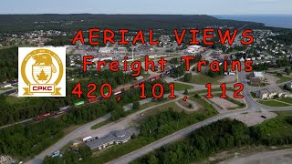 Aerial views of Marathon, Ontario, Canada along Lake Superior & CPKC Railway trains on July 19, 2024