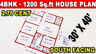 4 BHK house plan, 2.75 cent house plan, south facing plan | 1200 Sq.ft house  30*40 vastu house plan