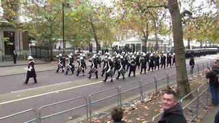 Remembrance Sunday 2024 Band of HM Royal Marines marching from Wellington Barracks to the Cenotaph