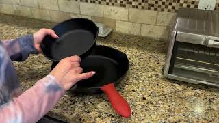 Lodge Cast Iron Skillet with Red Silicone Hot Handle Holder Review, You will have these pans for