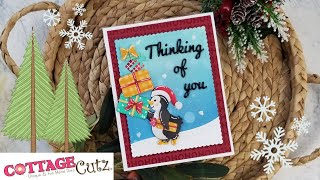 Thinking of You Card Featuring Penguin Decorating Tree Die