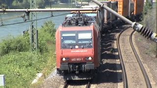 Züge und Schiffe bei Assmannshausen, SBB Cargo Re482, MRCE 189, ERS 189, 152, 185, 2x 428, 2x 427