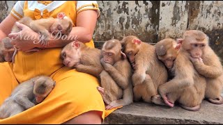 Everyone sitting up sleep in line looks precious, they are waitting mom give milk and some foods