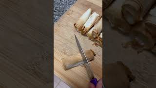 Cutting crunchy rolls on cut board asmr