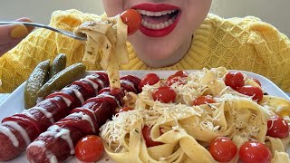 Mukbang Cherry tomato & garlic pasta with sausage|موکبانگ پاستا ایتالیایی با گوجه گیلاسی و سوسیس