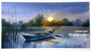 Watercolor, moonlight landscape