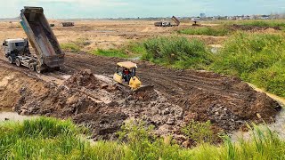 Amazing Working!! Komatsu D65P EX Pushing Clearing Mud,  Dump Truck 25Ton 10 Wheel Loading Muddy