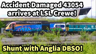 BRUISED & BATTERED 43054 Arrives at LSL Crewe - Plus SHUNT with ANGLIA DBSO & Pullman Coaches!