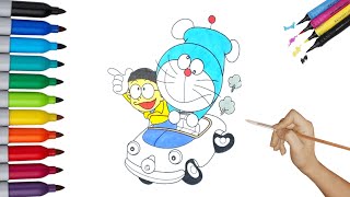 How to Coloring a Cute Doraemon and Nobita ride in a car | Wahyu Art