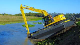 Crane Trucks Unloading Installing A Komatsu PC210 Long Reach Amphibious Excavator By UltraTreX