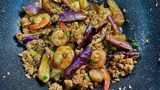 Eggplant with ground chicken and shrimp stirfry